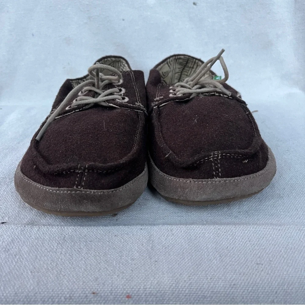 EUC Sanuk Mainsteez Men's Boat Shoes Brown Wool Suede Textile Casual Slip Ons